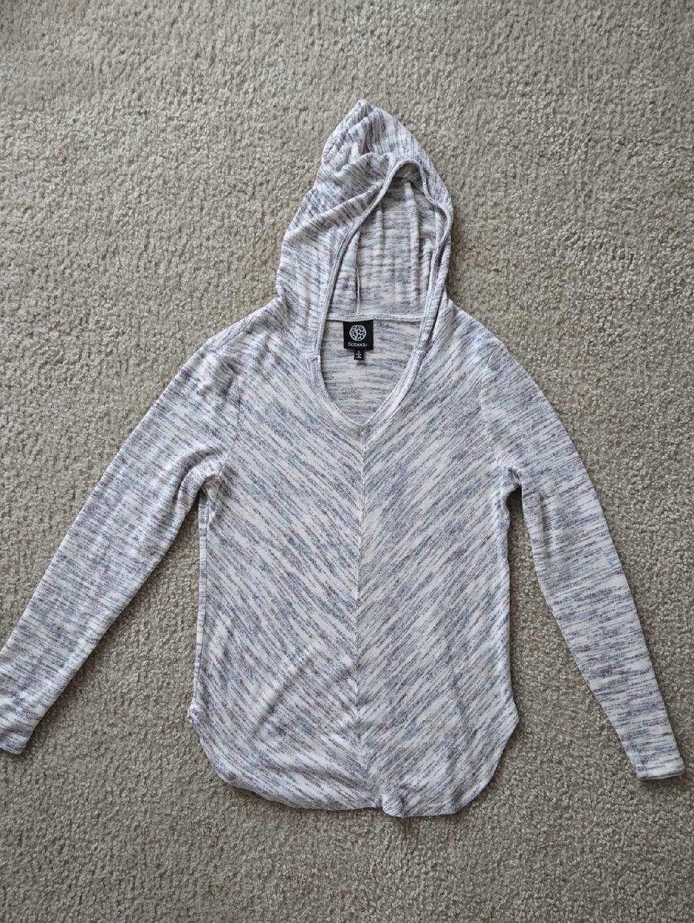 Bobeau Marled Knit Hooded V-Neck in Cream and Gray with Subtle Mauve